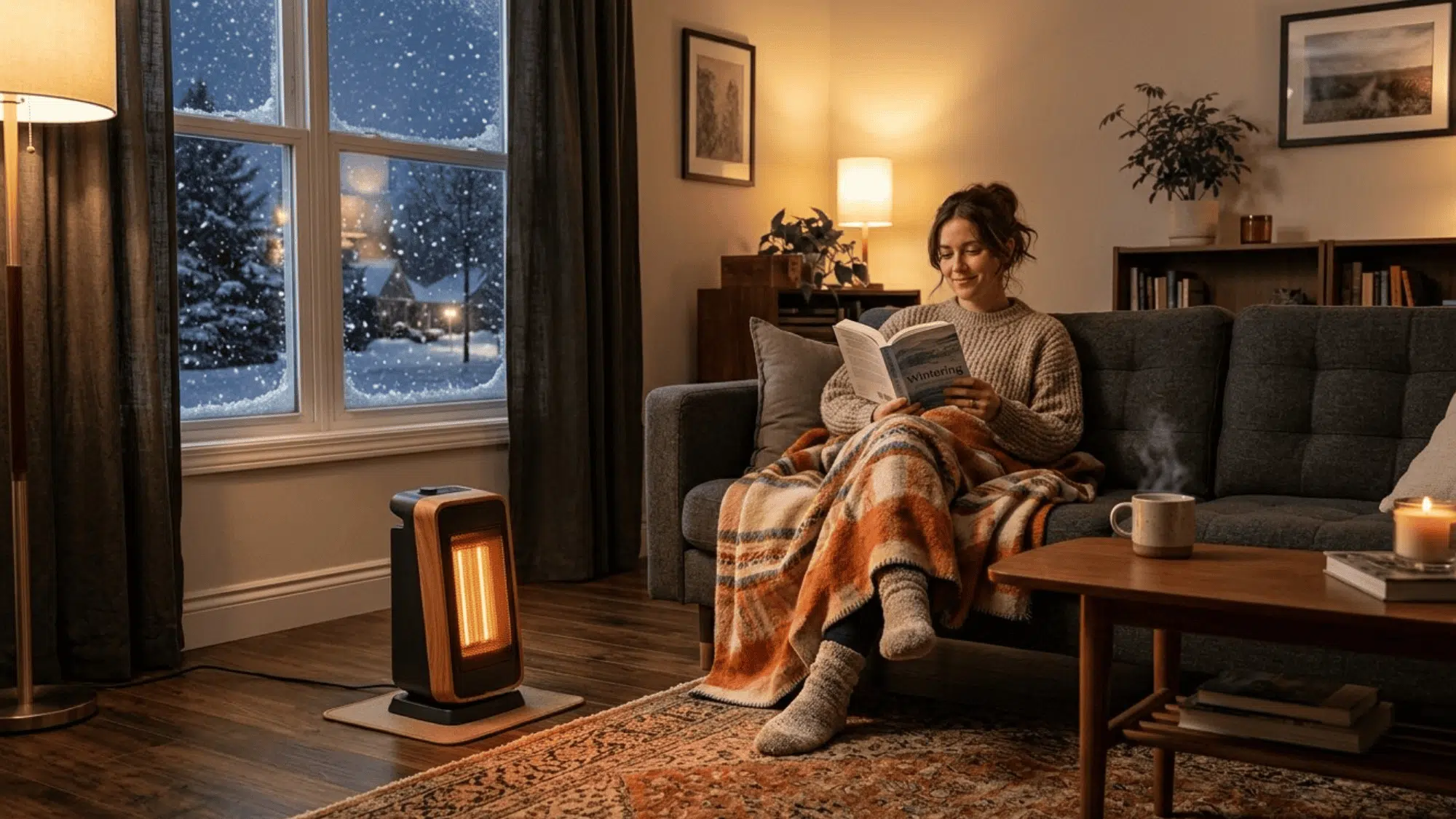 woman sitting on couch reading book with blanket, space heater warming room near window