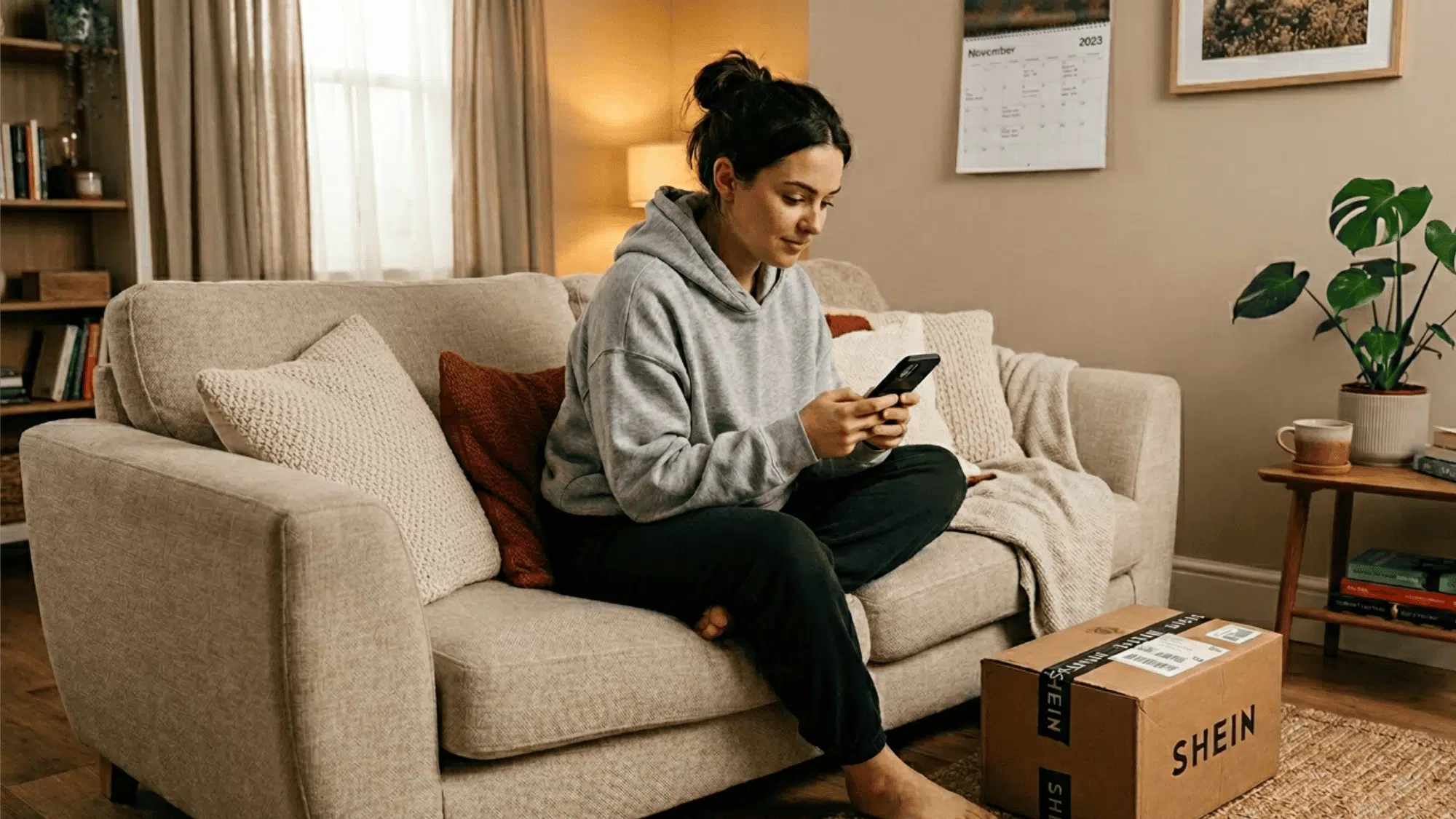 woman sitting on couch tracking online order on phone with package box nearby