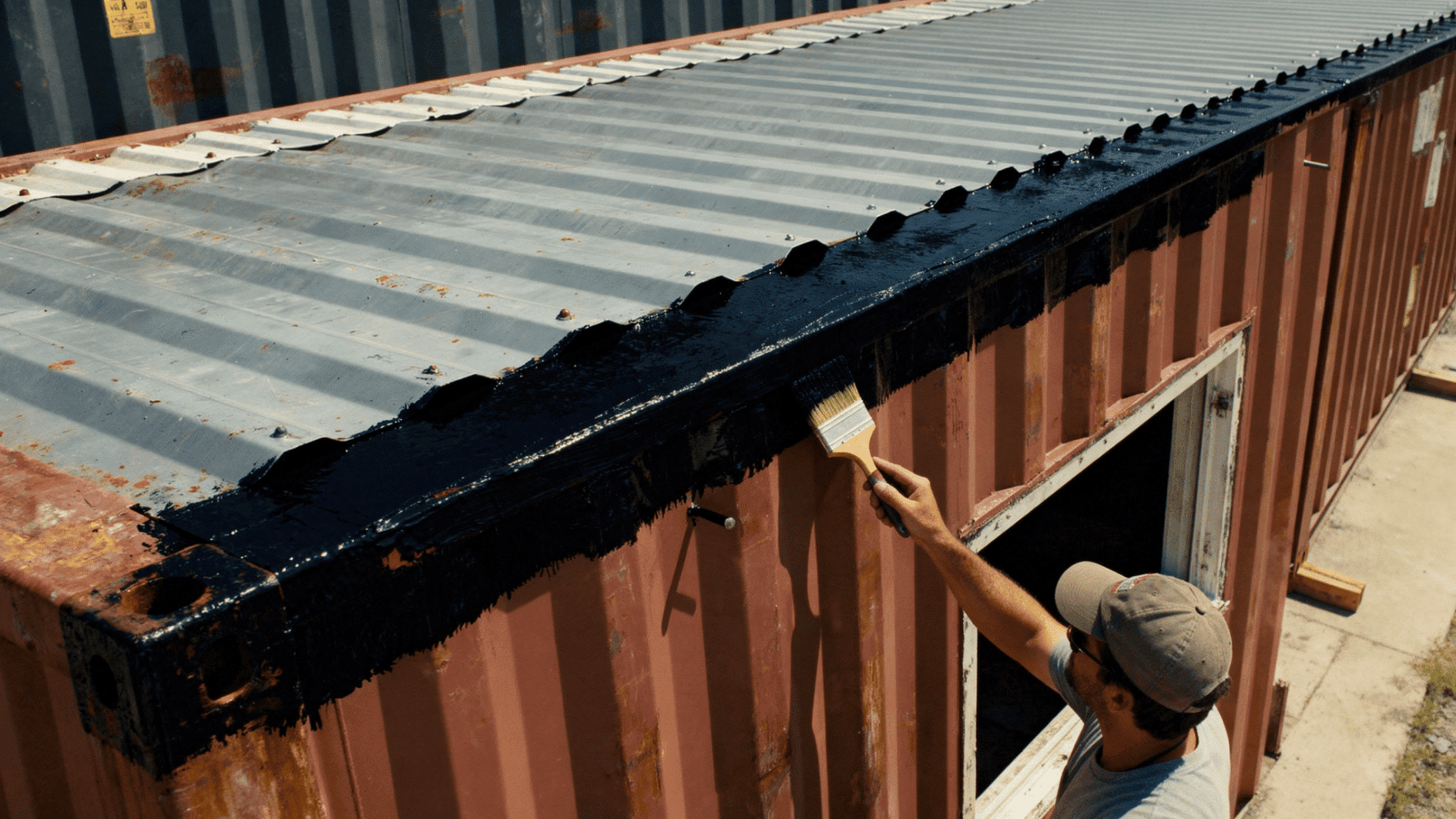 worker applying waterproof coating along edge of shipping container roof during exterior sealing and protection work