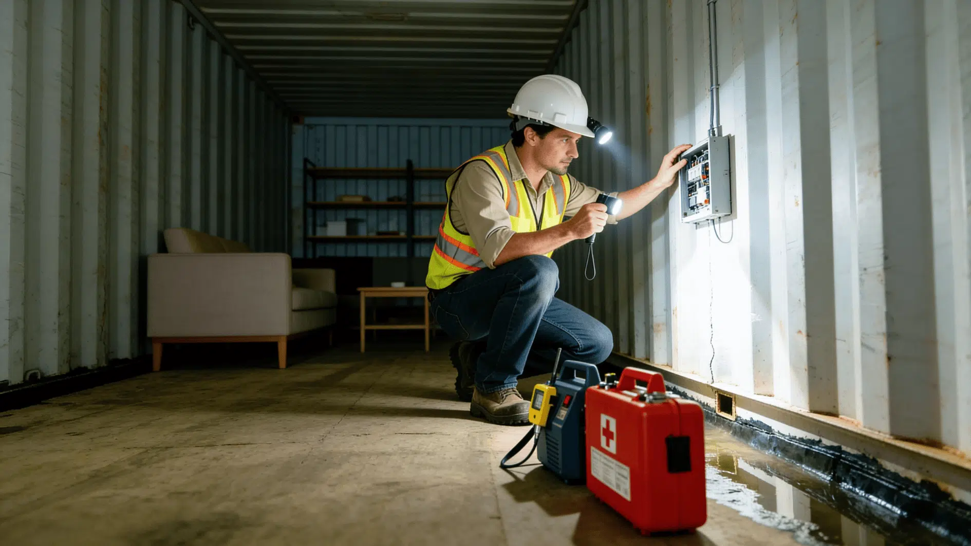 worker inspecting electrical panel inside container using flashlight, tools and emergency kit placed on floor nearby