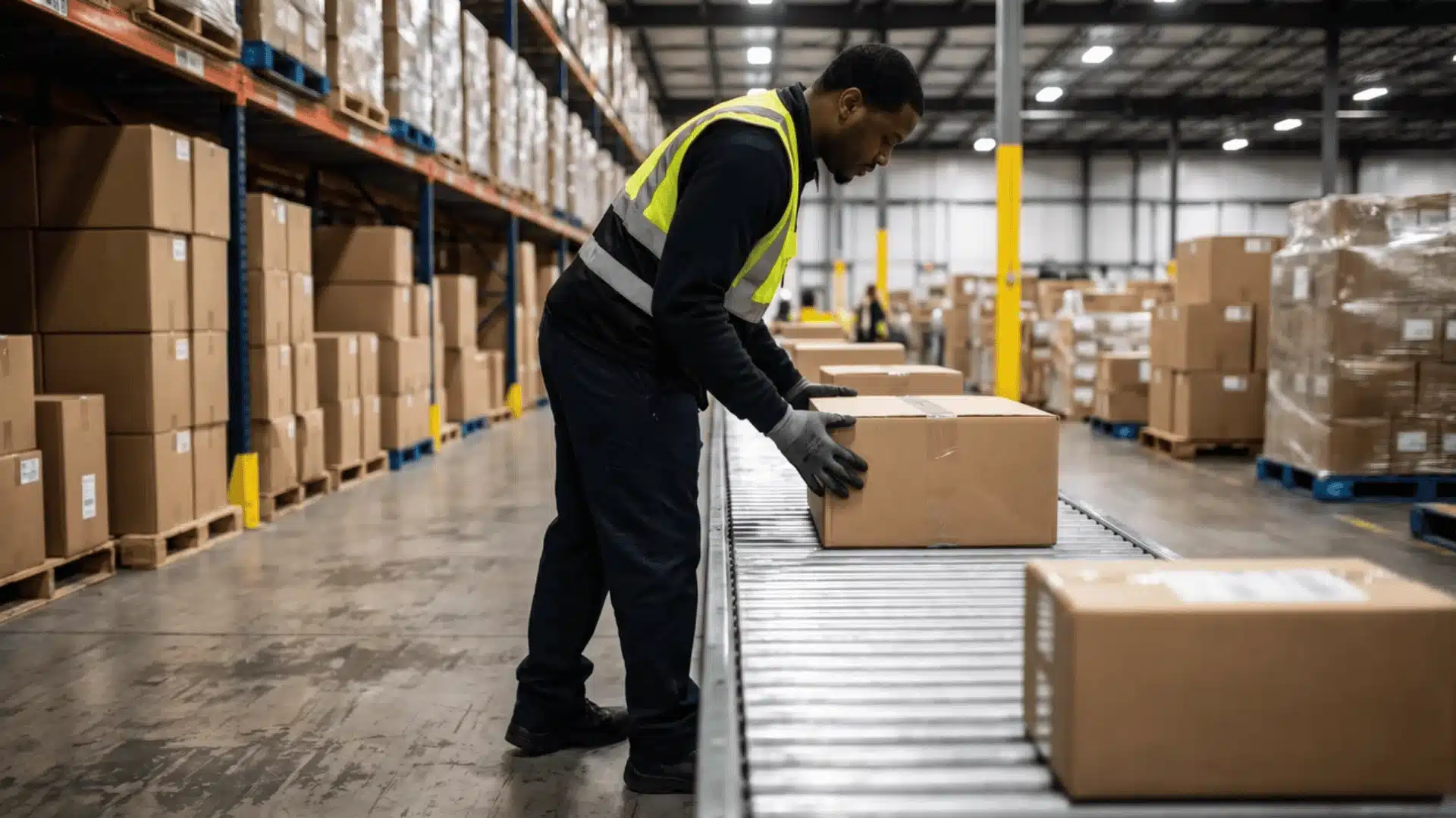 Worker placing sealed box on conveyor belt in warehouse