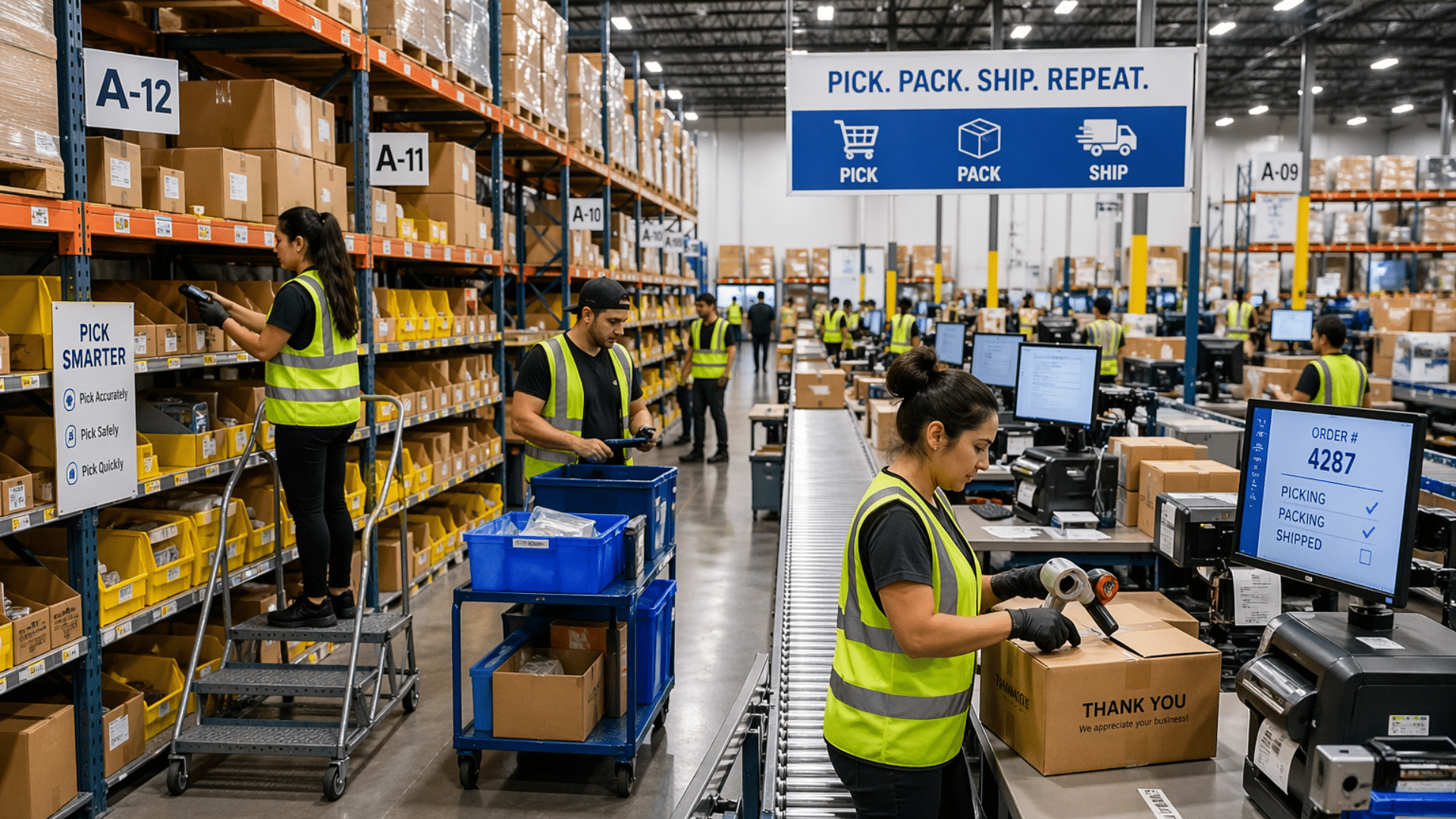 workers picking items from shelves and packing boxes in a busy warehouse with organized racks and conveyor systems