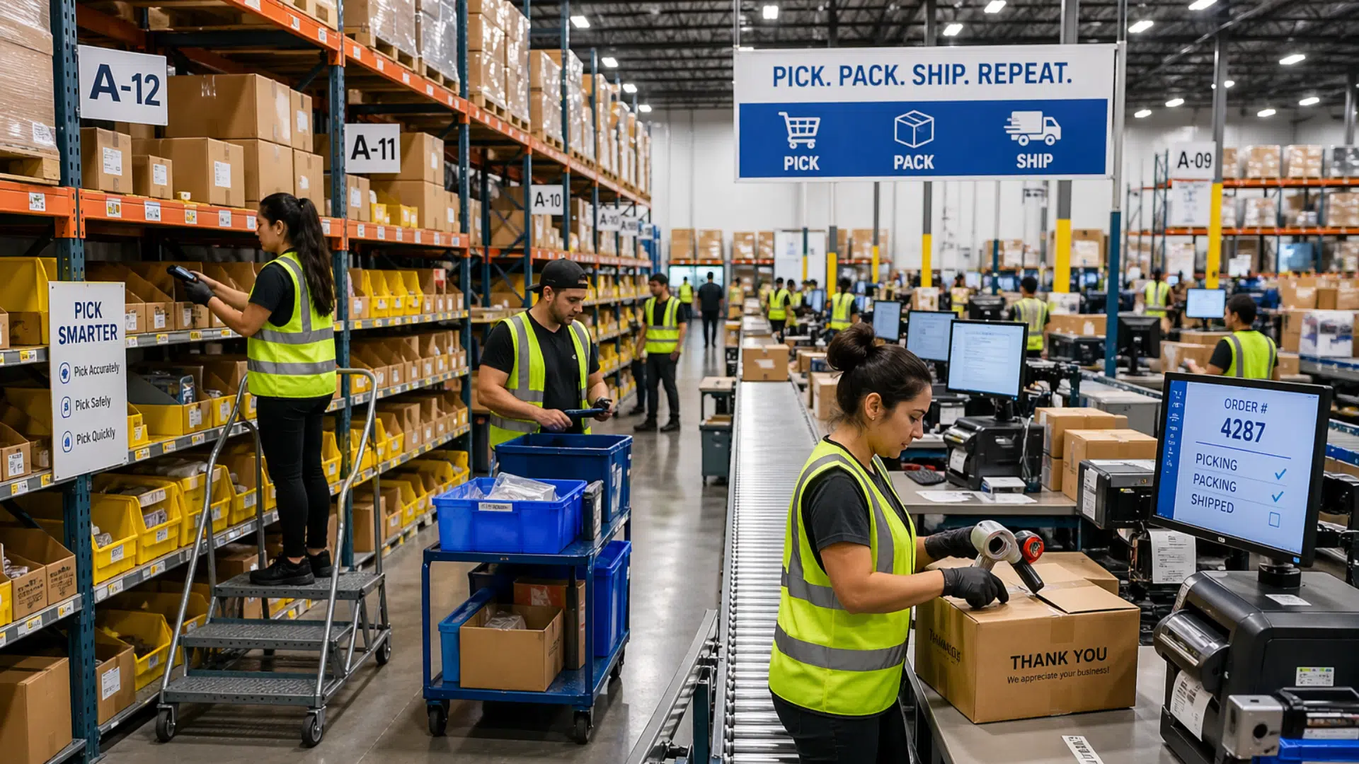 workers picking items from shelves and packing boxes in a busy warehouse with organized racks and conveyor systems