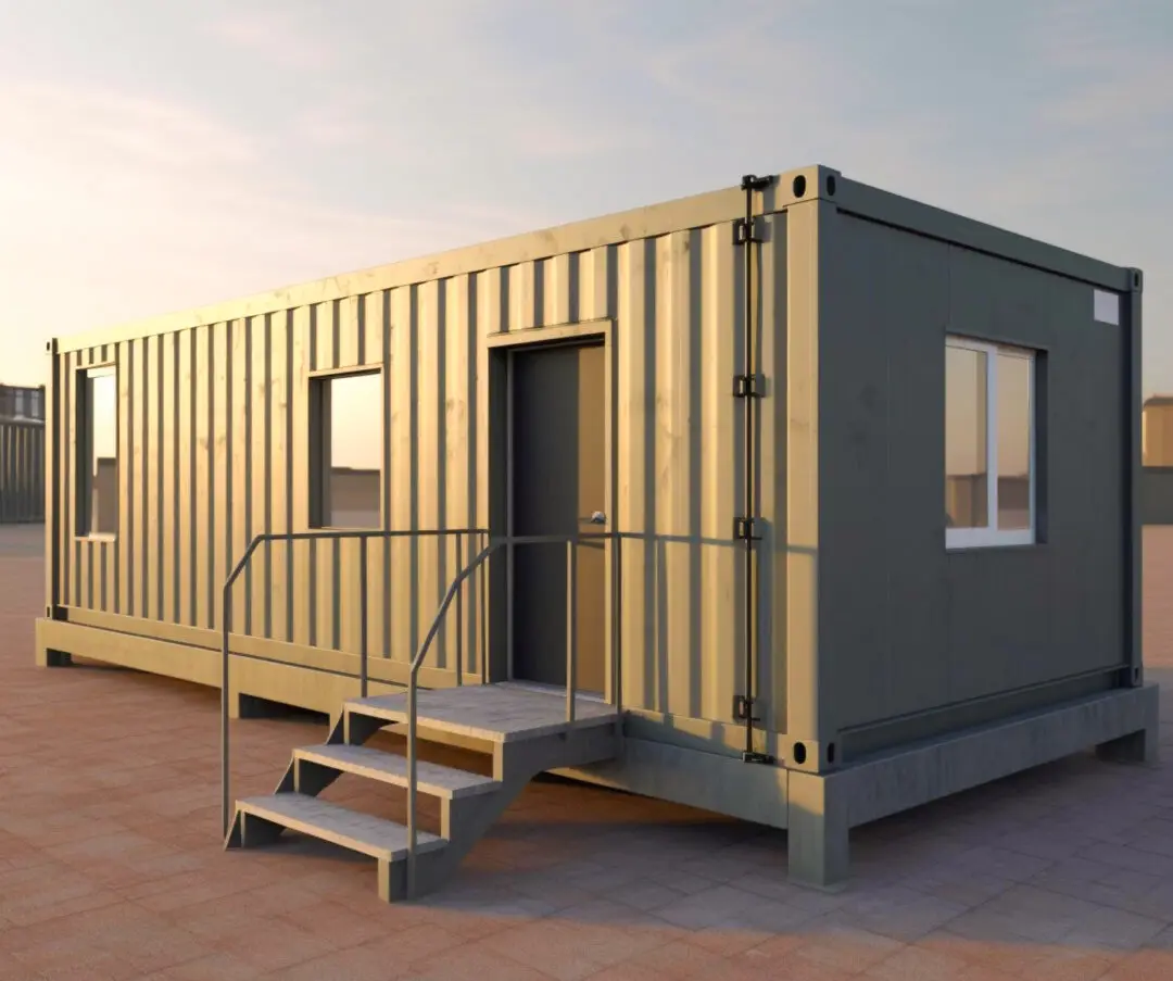 Modular shipping container office with steps in open outdoor setting under soft sunlight