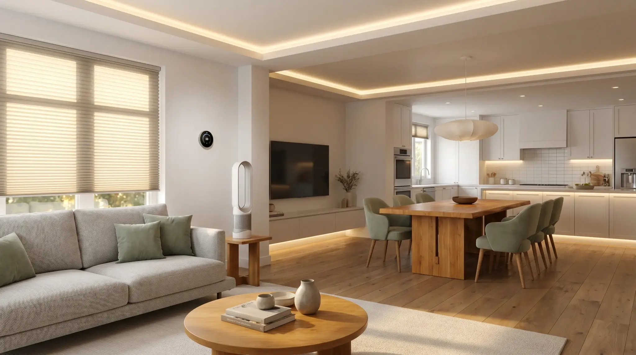 Modern open-concept living room and kitchen with neutral colors and minimalist decor