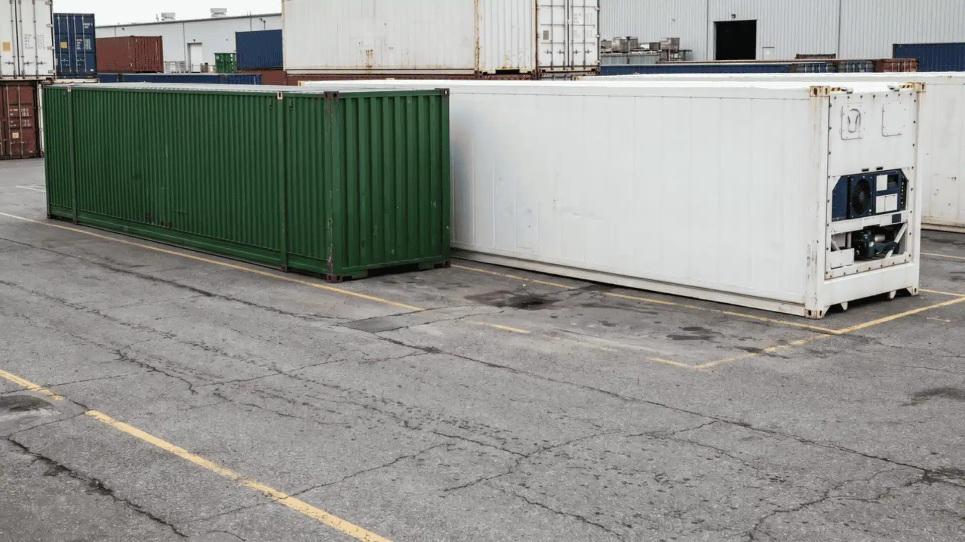 53-foot container and refrigerated container shown side by side in yard