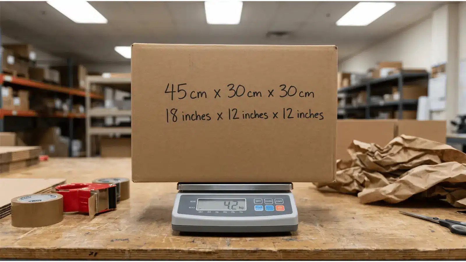 A cardboard box on a digital scale with handwritten dimensions (45 cm, 18 inches) on its sides, surrounded by packing tape, a tape dispenser, and crumpled paper.