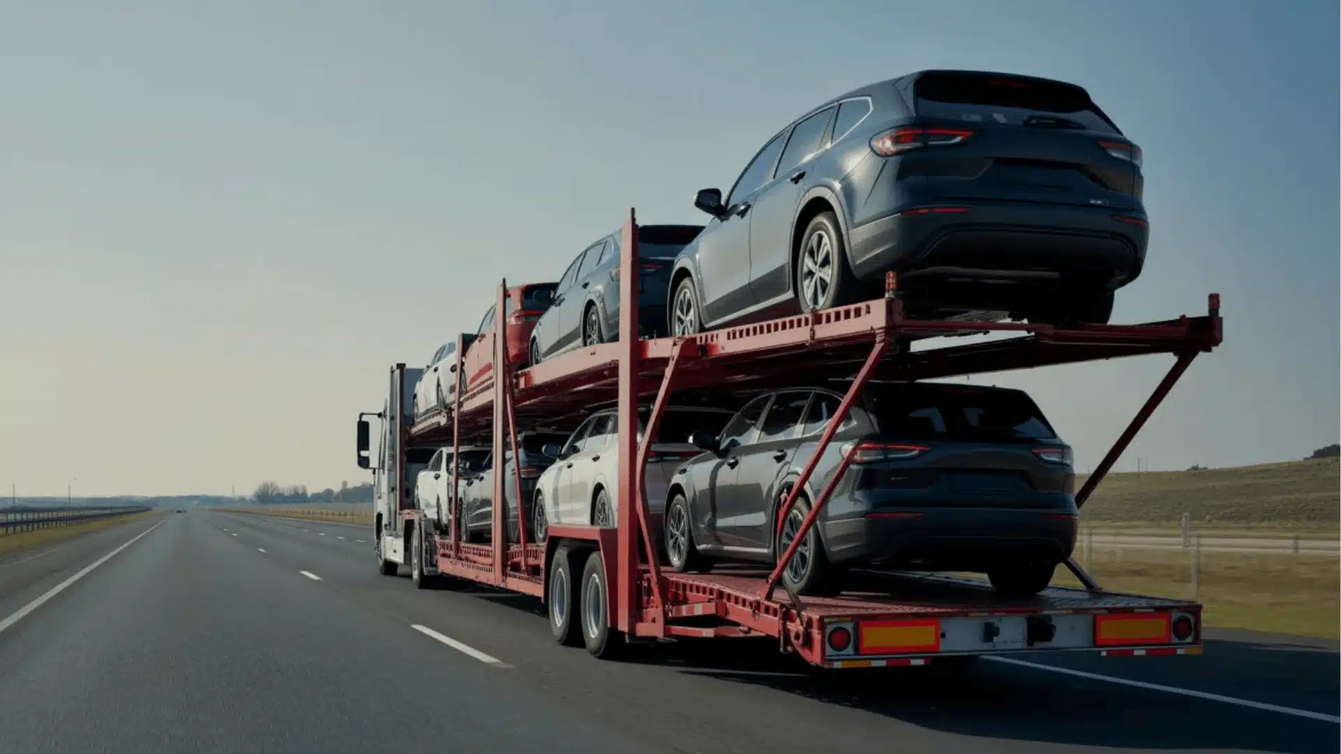 Car carrier truck transporting multiple vehicles on highway