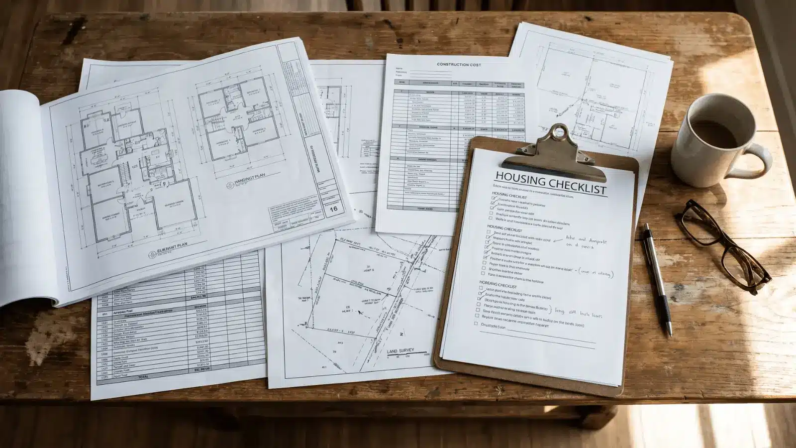 Checklist and housing documents with plans and cost papers spread on a table