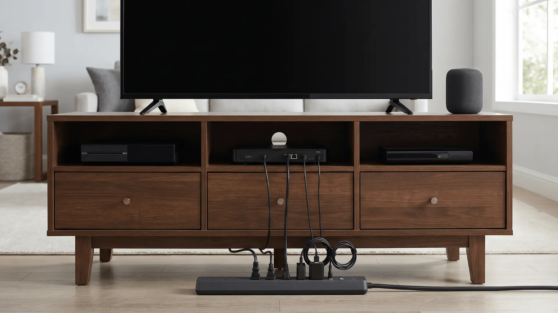 Entertainment devices and chargers plugged into a smart power strip in a living room