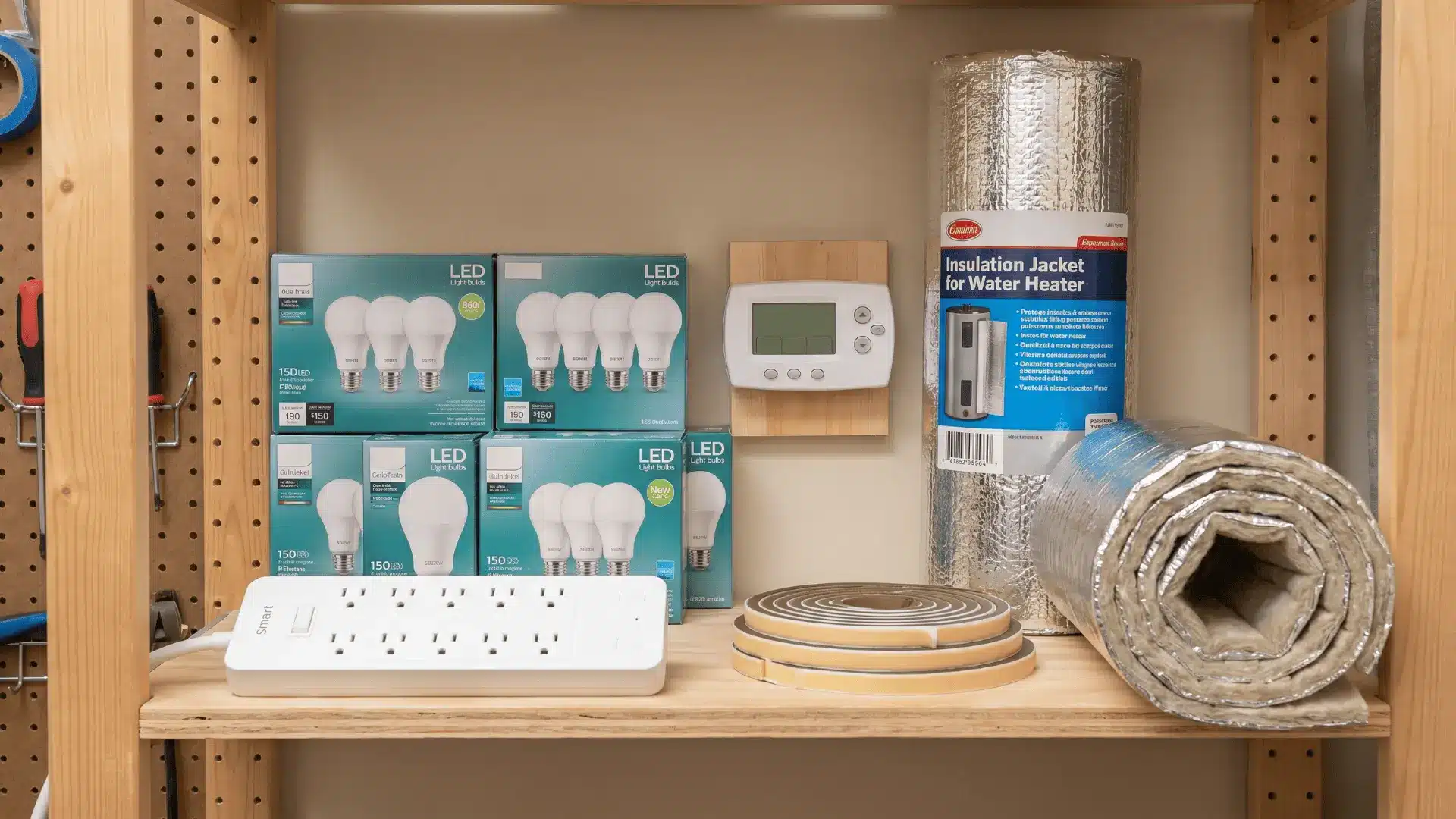 LED bulbs, smart power strip, thermostat, and insulation supplies on a home utility shelf