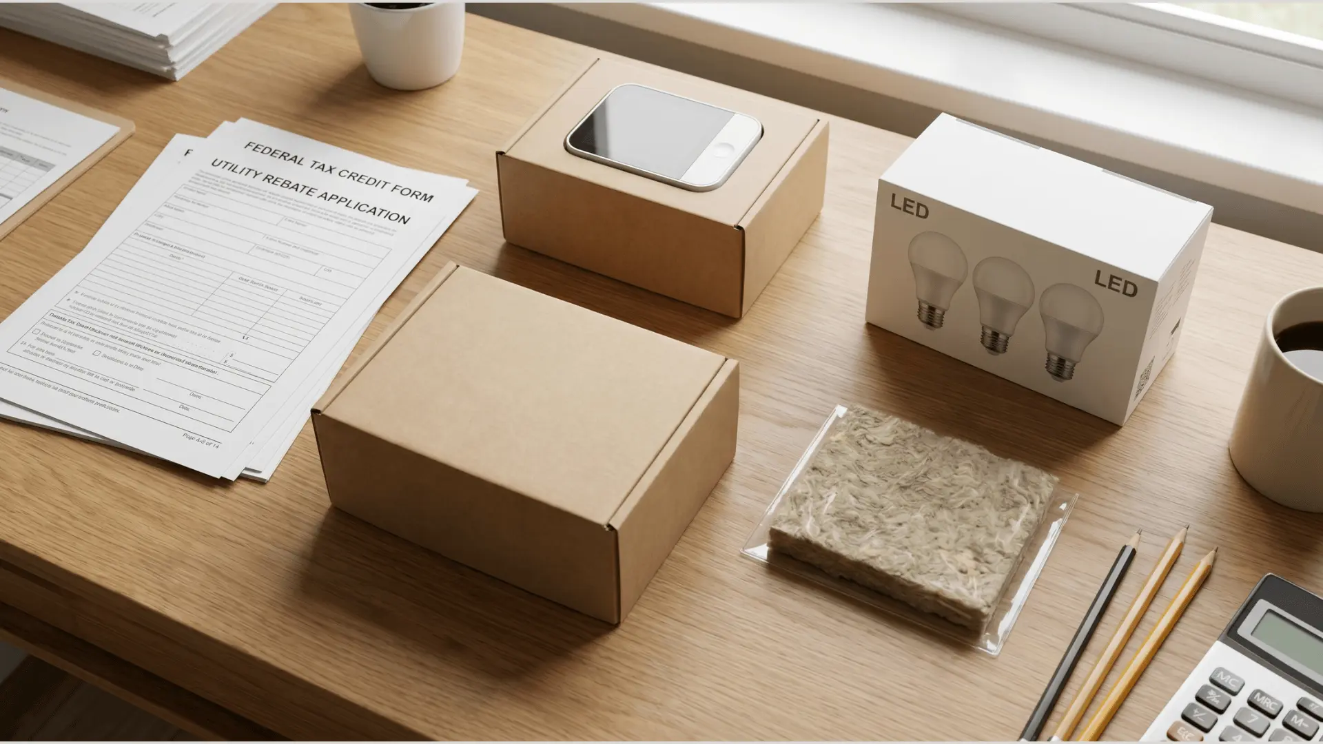 Rebate forms beside a smart thermostat box, LED bulbs, and insulation sample on a desk