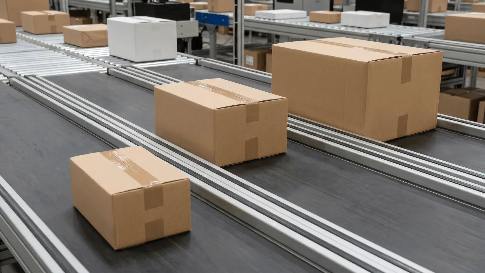 Three boxes on separate conveyor lanes in a warehouse representing different shipping paths