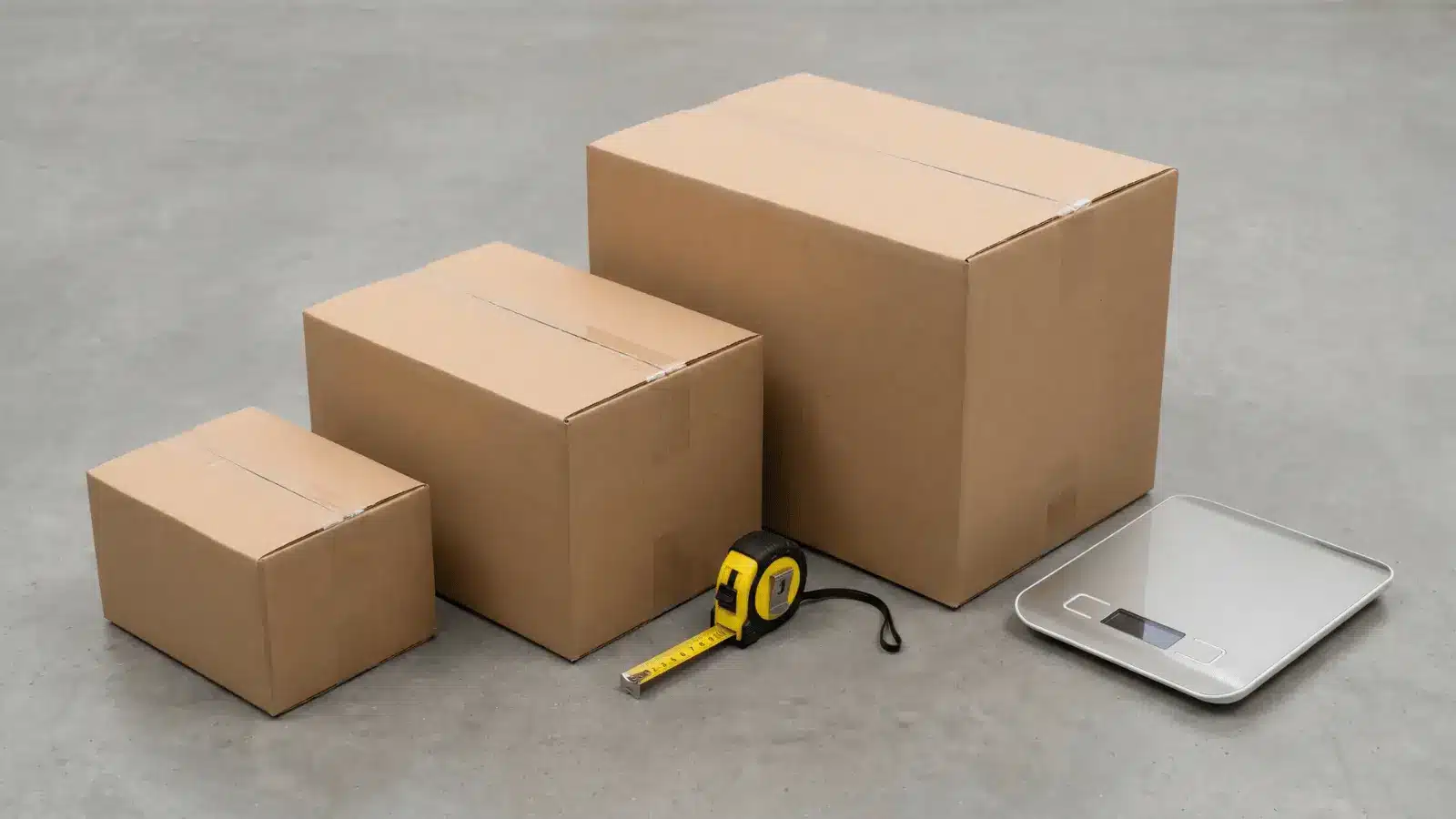 Three cardboard boxes of different sizes with a scale and measuring tape on a table
