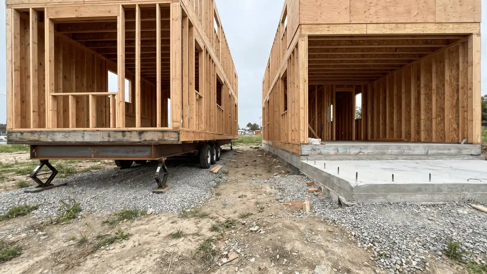 Two house structures showing one on a steel frame and one on a concrete foundation