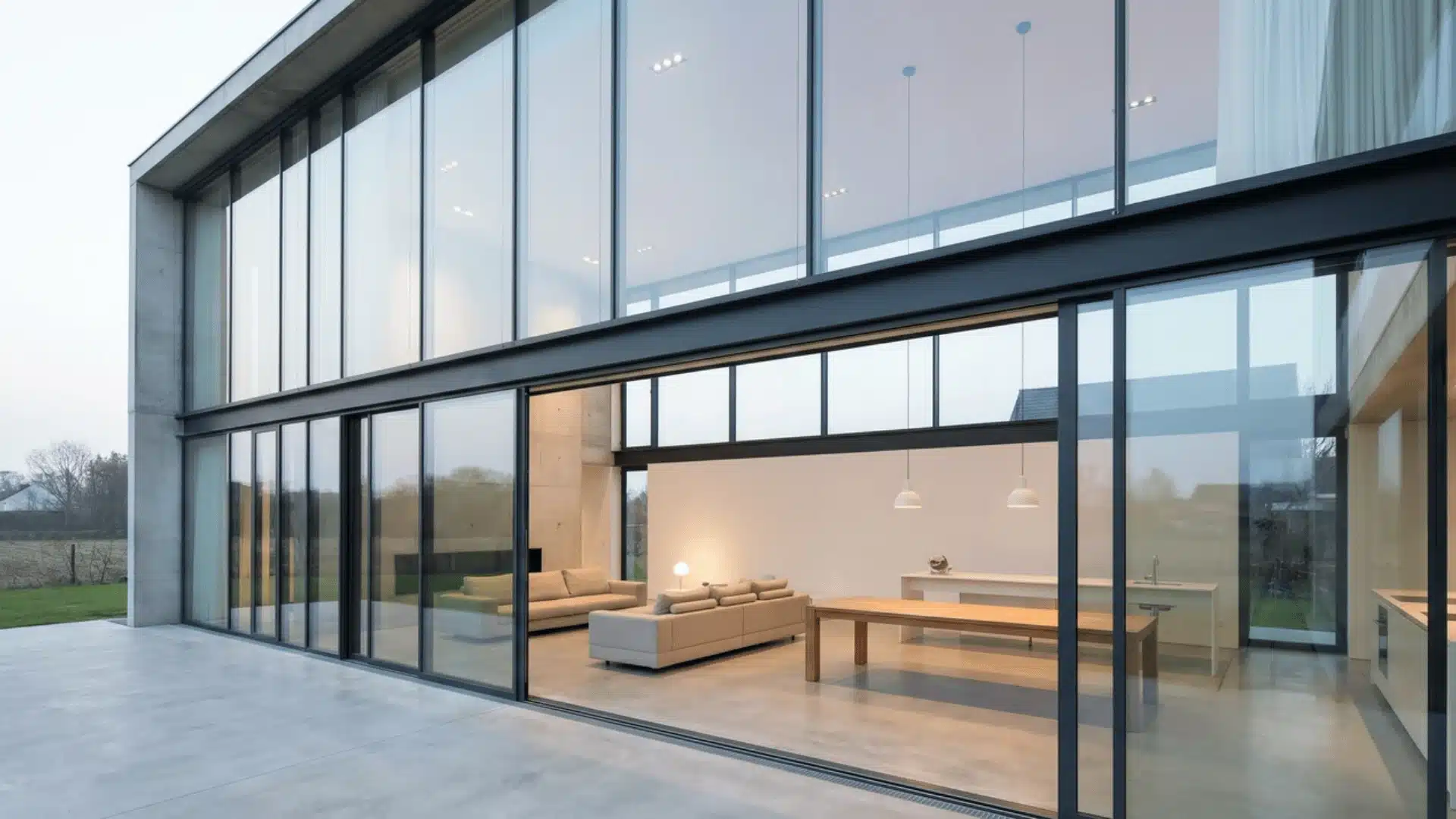 A modern building featuring open concept interiors with sleek furniture, large glass windows, and a clean, minimalist design.
