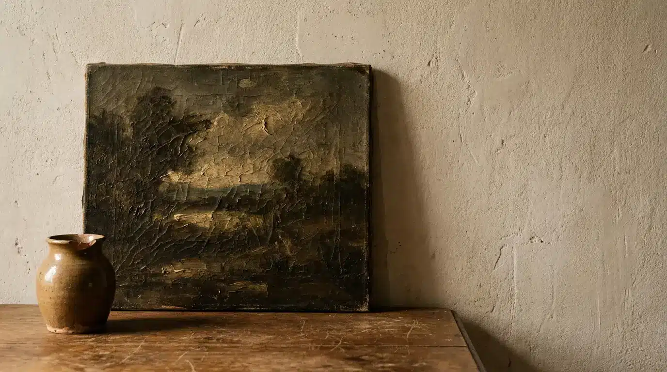 Rustic brown vase beside an aged landscape painting on wooden table in dimly lit room