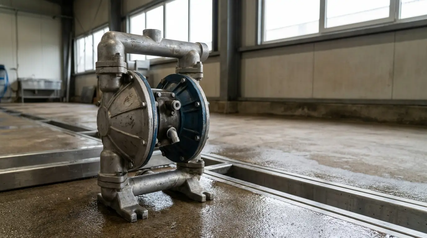 Industrial diaphragm pump on wet concrete floor in large warehouse with metal supports
