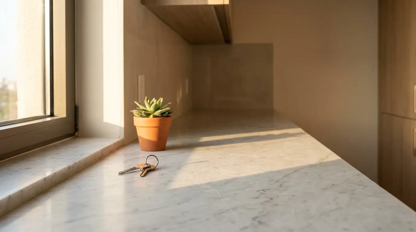 Succulent in terracotta pot on marble countertop with keys under soft natural light