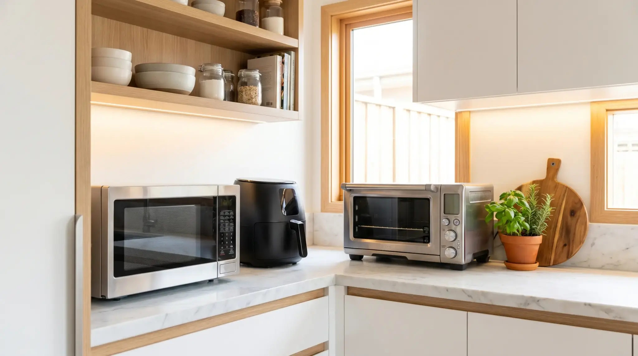 Modern kitchen with stainless steel microwave, air fryer, toaster oven, and herb plant on marble countertop
