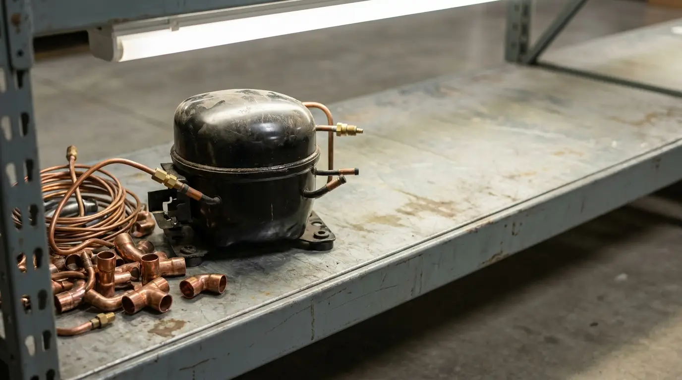 Metal refrigerant compressor with copper tubing and fittings on industrial shelf