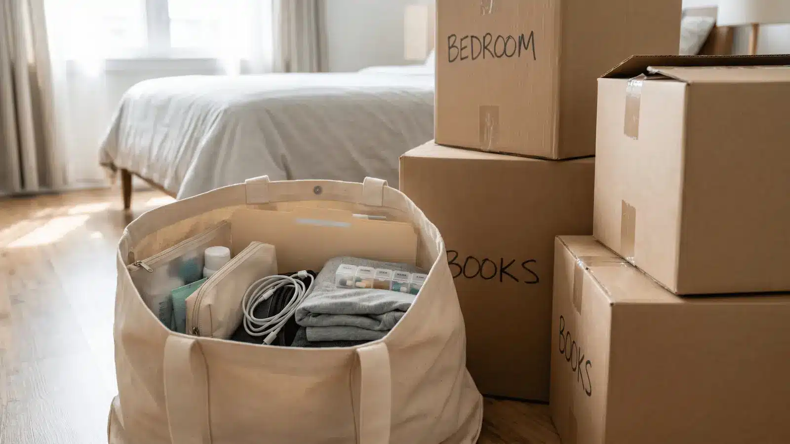 Bag with toiletries, chargers, documents, and clothes beside packed moving boxes