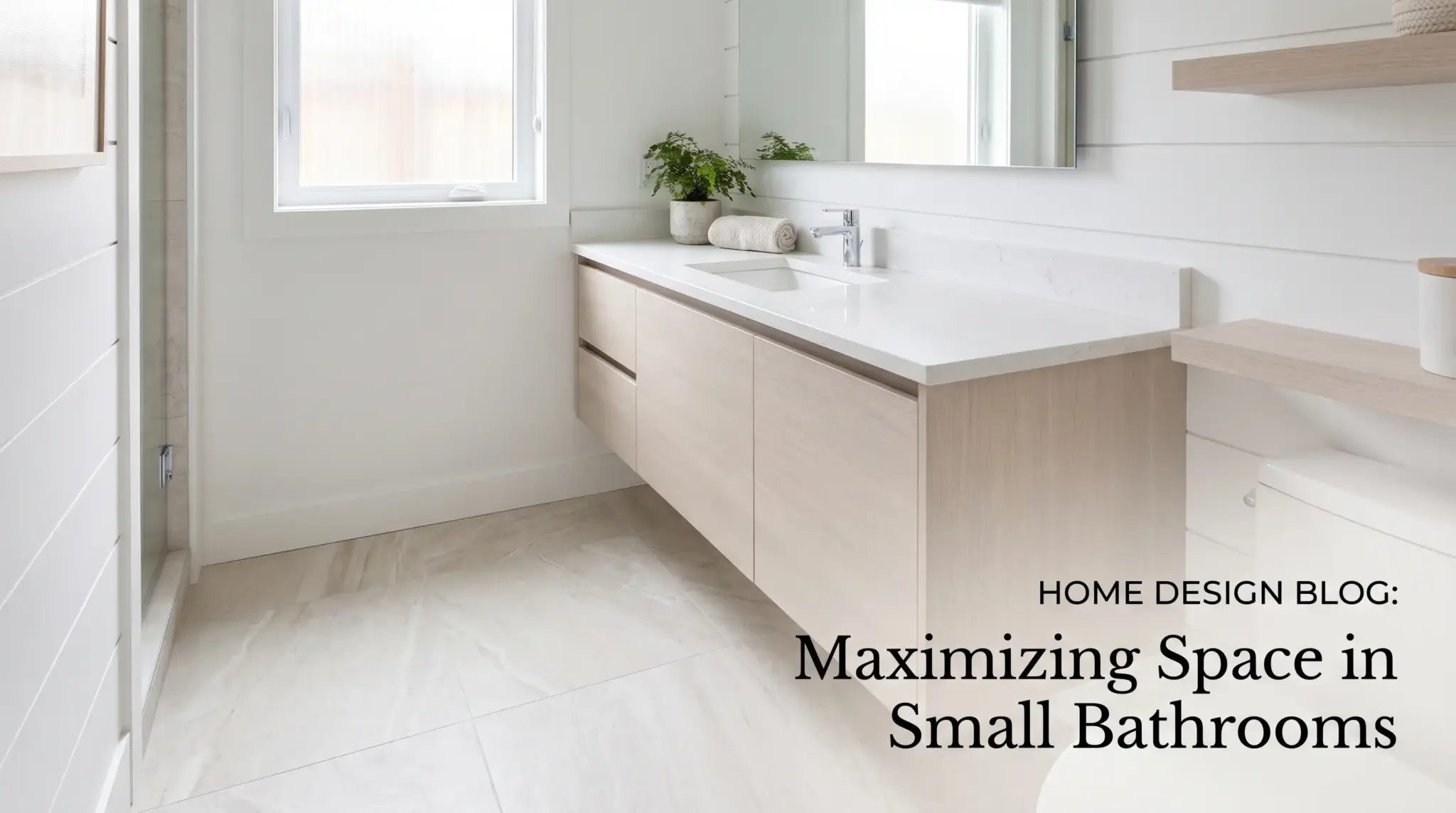 Modern small bathroom with floating vanity, large mirror, and natural light through frosted window