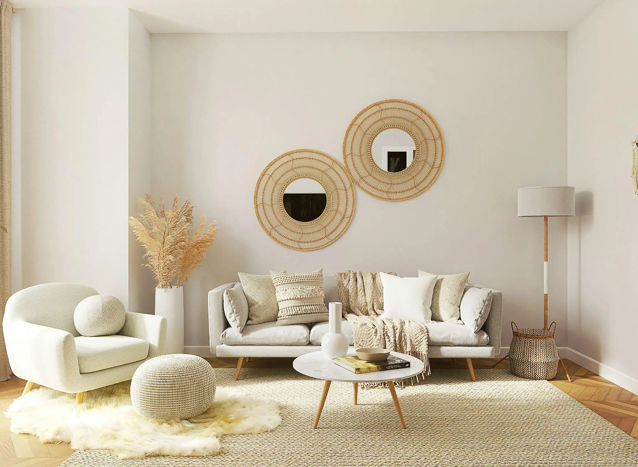 Modern living room with beige sofa, rattan wall mirrors, and decorative cushions