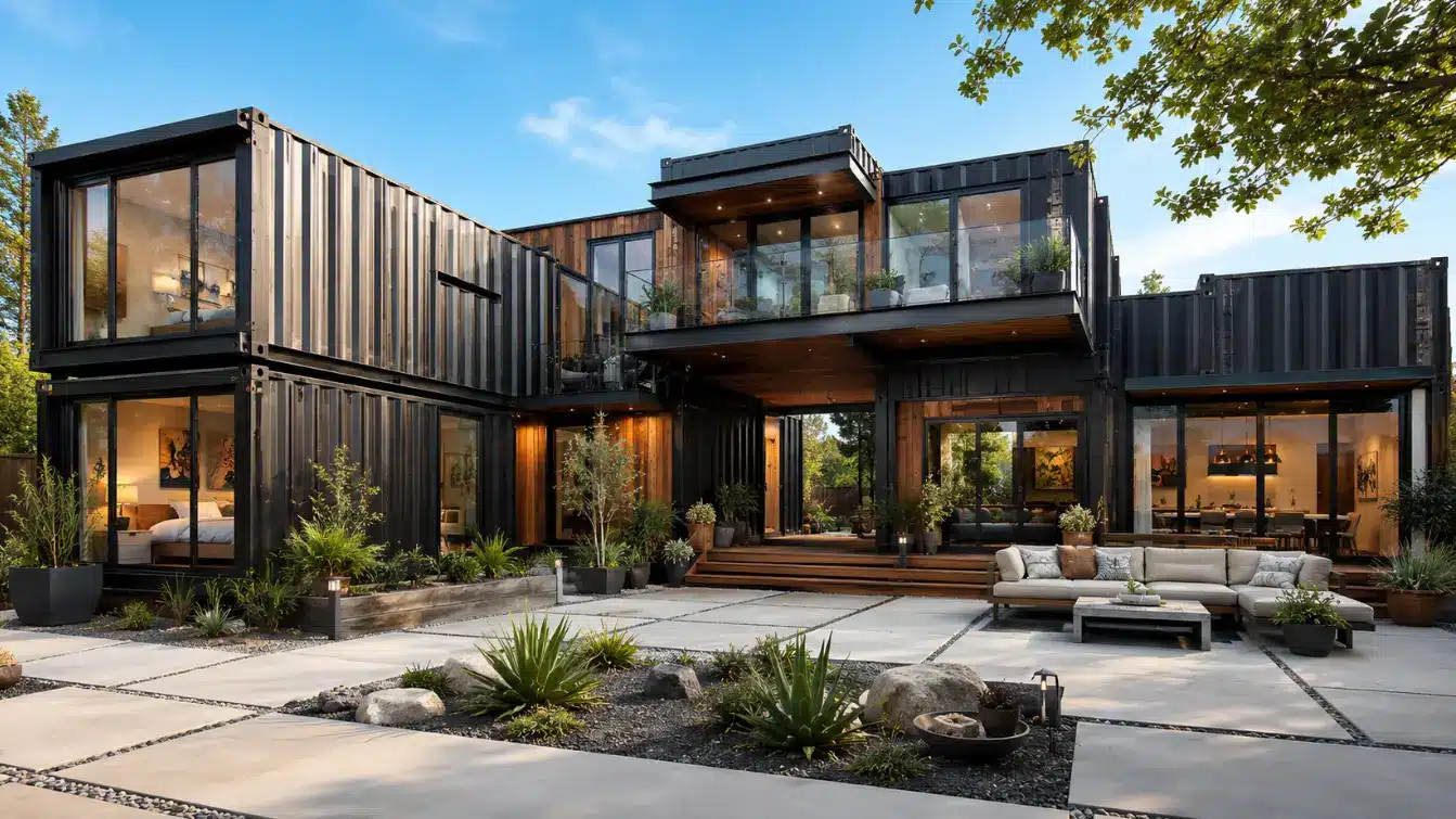 Container house exterior with large windows, patio seating, and decorative plants, under clear blue sky