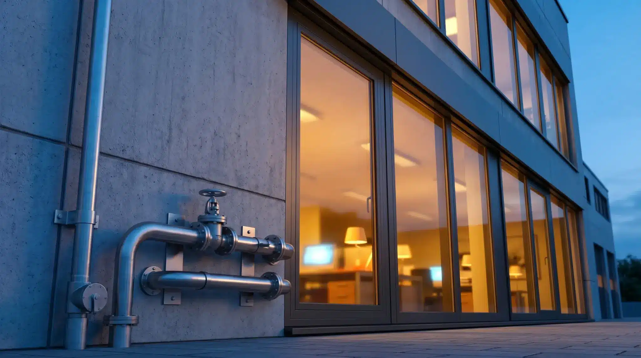 Outdoor stainless steel pipes on modern building exterior with warm-lit office windows at dusk