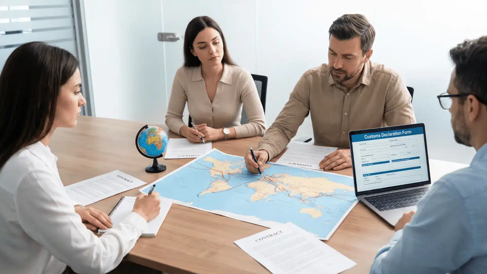 Business meeting about logistics partner selection with documents, a world map, and a laptop displaying customs forms.