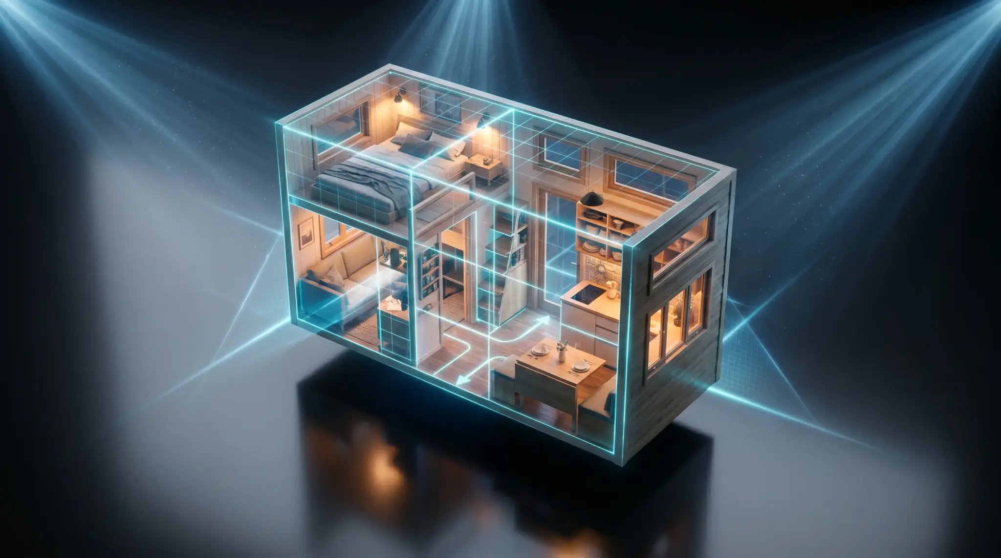 Miniature model of a modern smart home with glowing digital network overlay in dark studio lighting