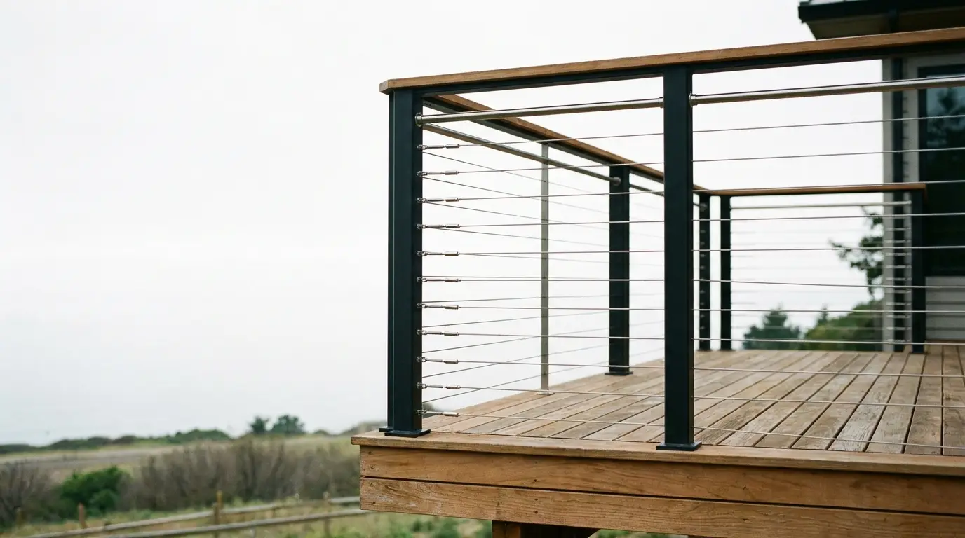 Wooden deck with metal railing overlooking a foggy coastal landscape