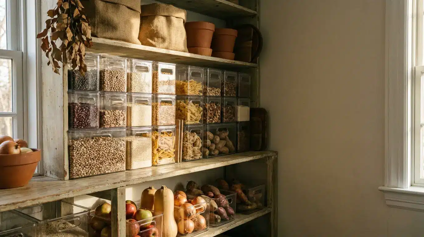 Pantry with clear containers of grains and pasta on rustic shelves in natural light