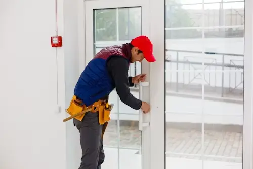 Worker in red cap installing handle on glass door in bright hallway