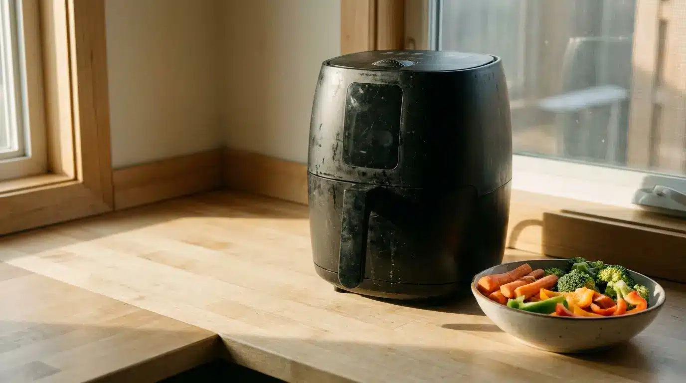 Black air fryer on wooden countertop beside bowl of fresh vegetables in natural light kitchen