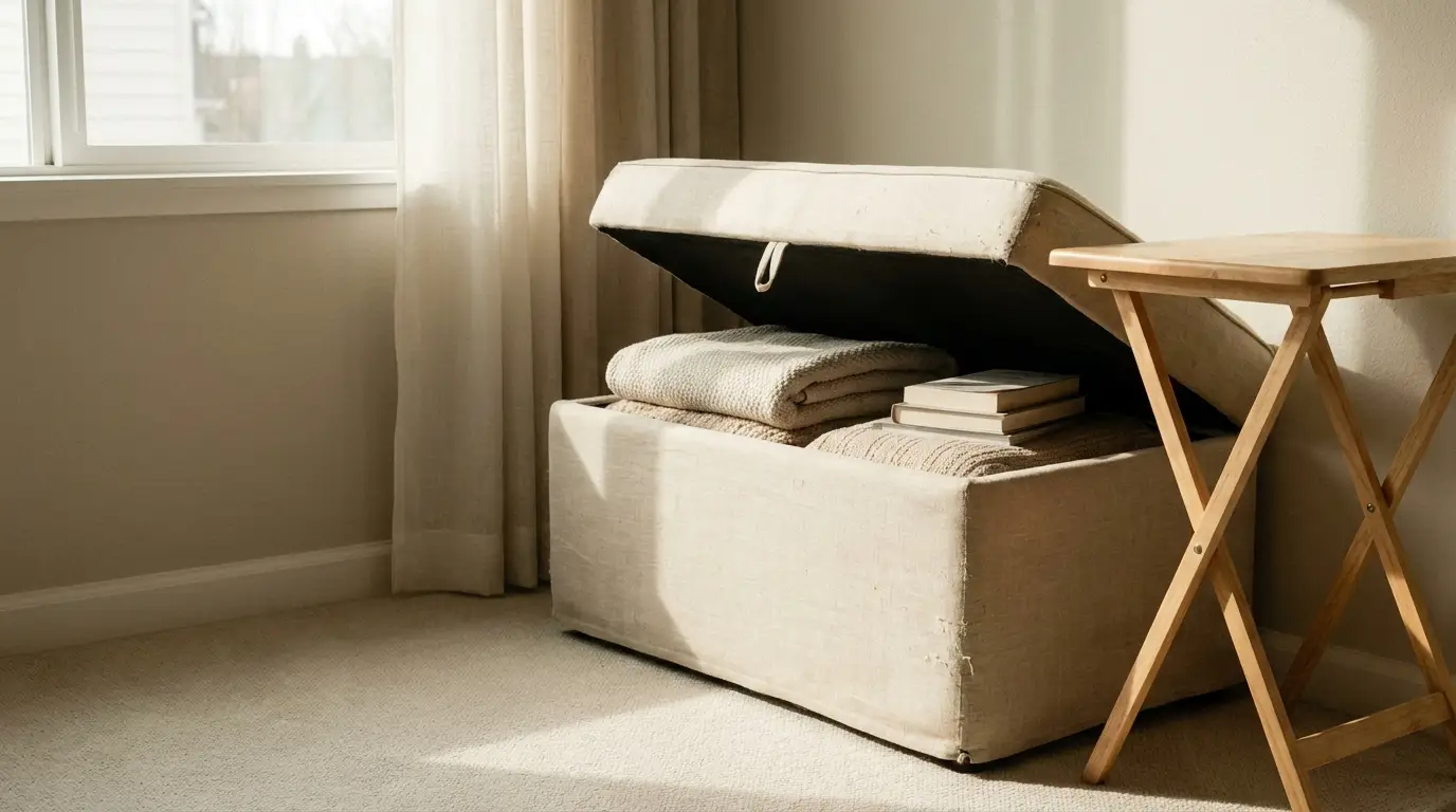 Ottoman with open lid showing folded blanket and books in sunlit room