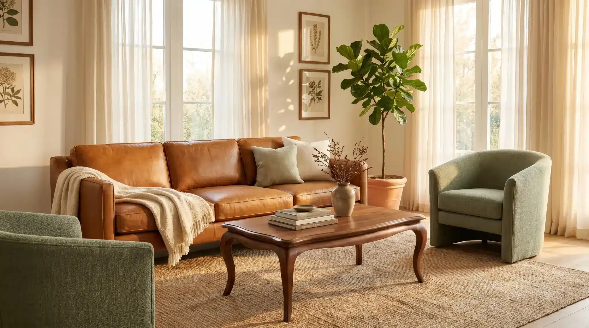 Brown leather sofa with pillows and plant in a sunlit cozy living room