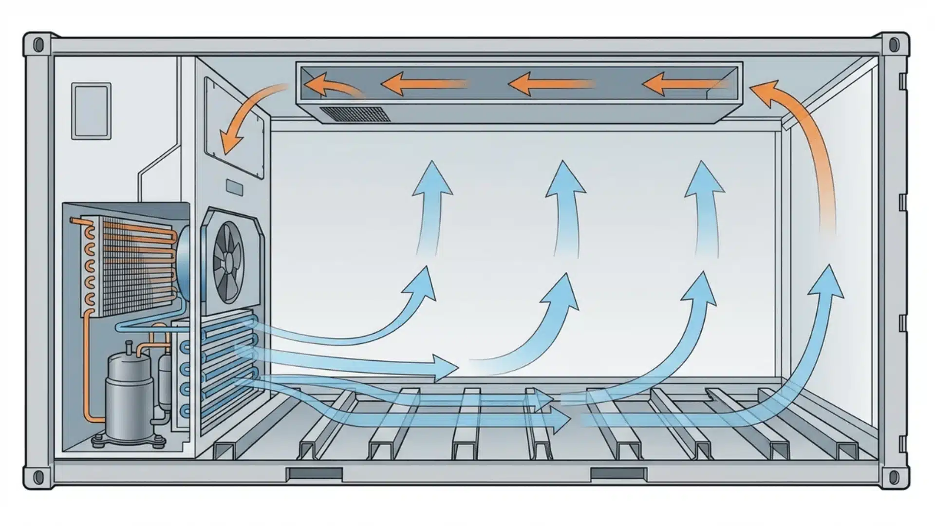Cross-section of reefer container showing airflow through floor and cooling unit