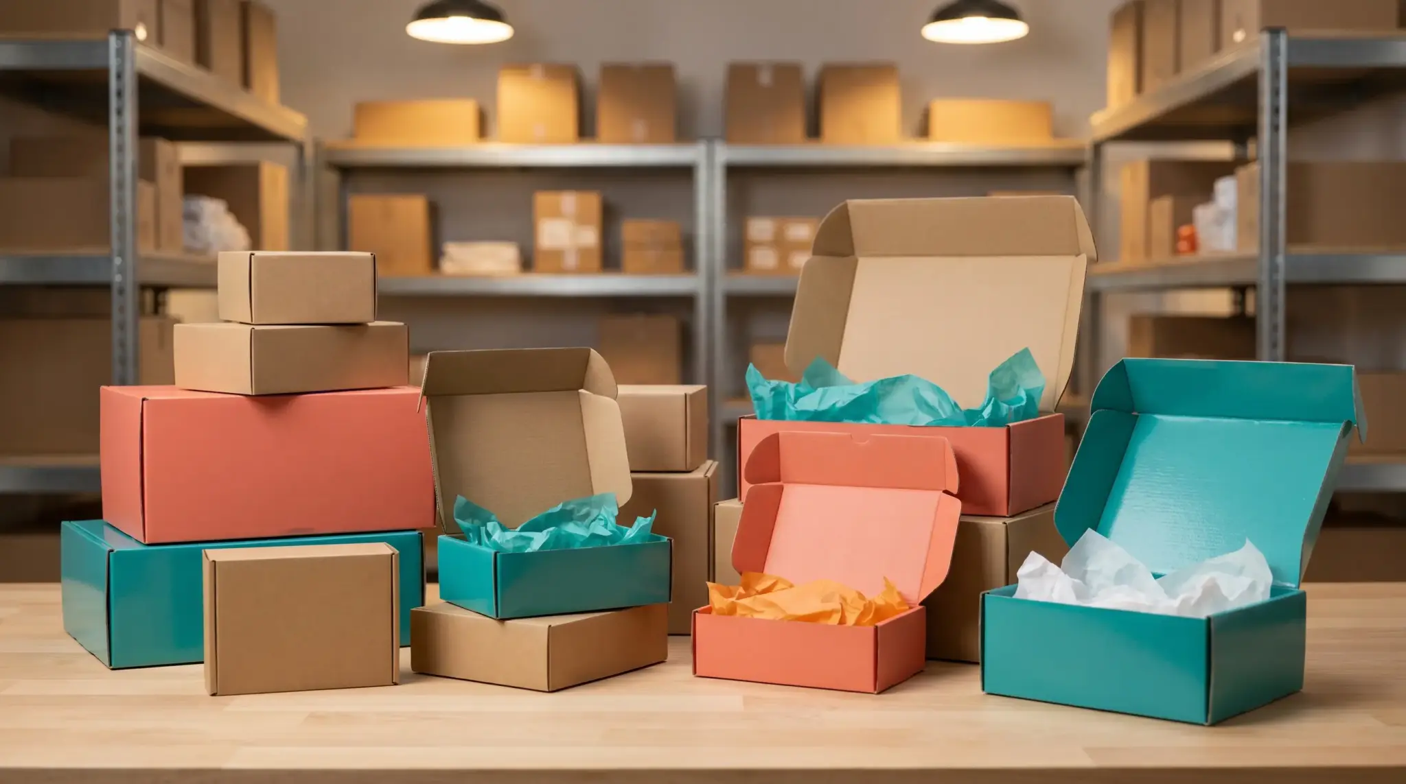 Colorful cardboard shipping boxes with tissue paper on wooden table in warehouse setting
