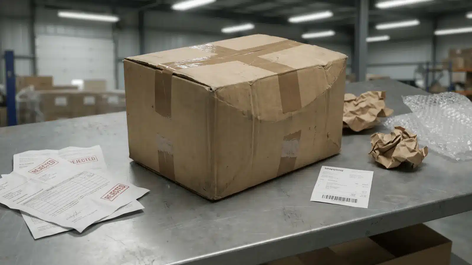 Damaged shipping box with claim paperwork and packaging materials on a table
