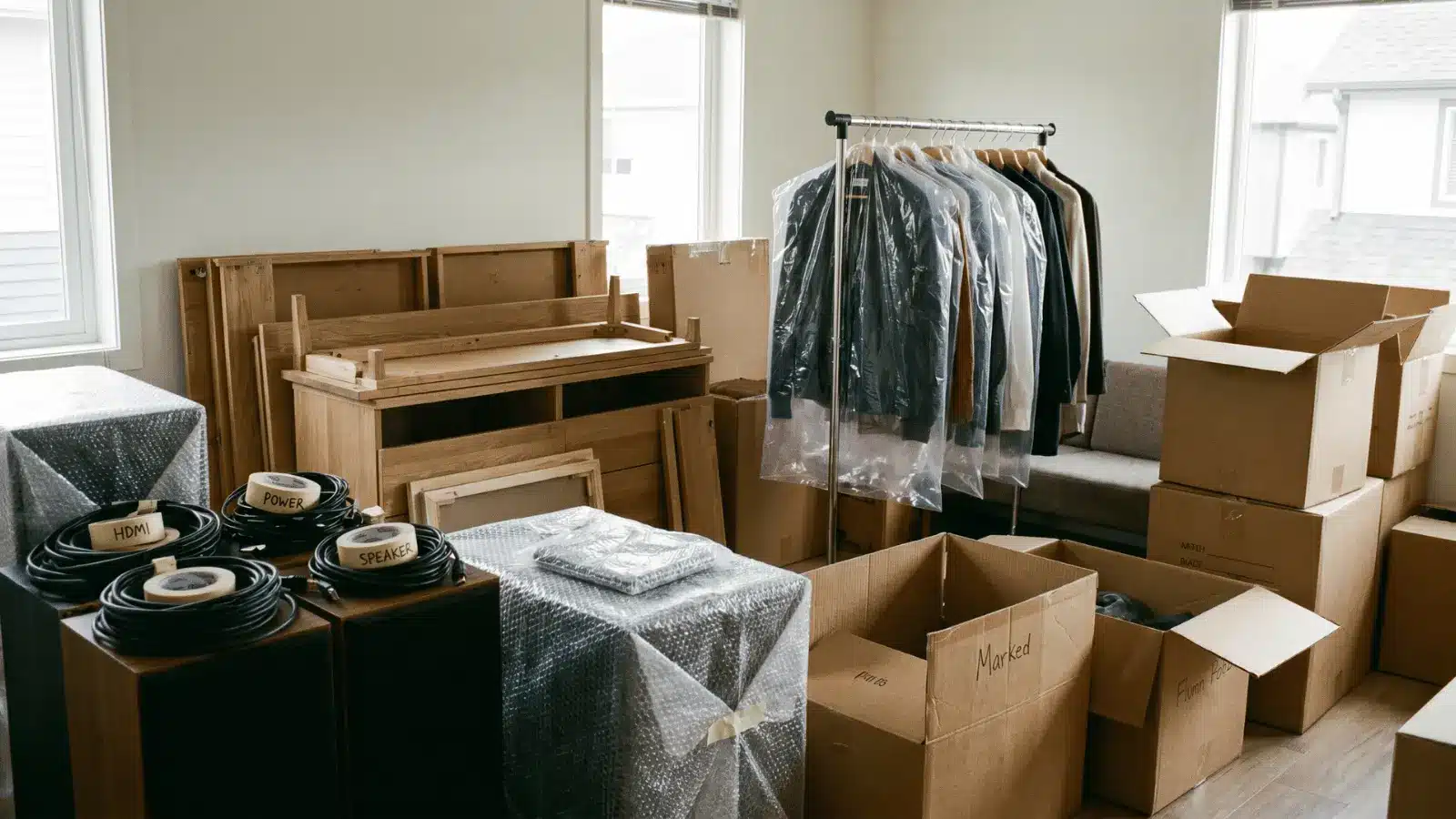 Disassembled furniture, covered clothes, wrapped electronics, and labeled cables prepared for moving