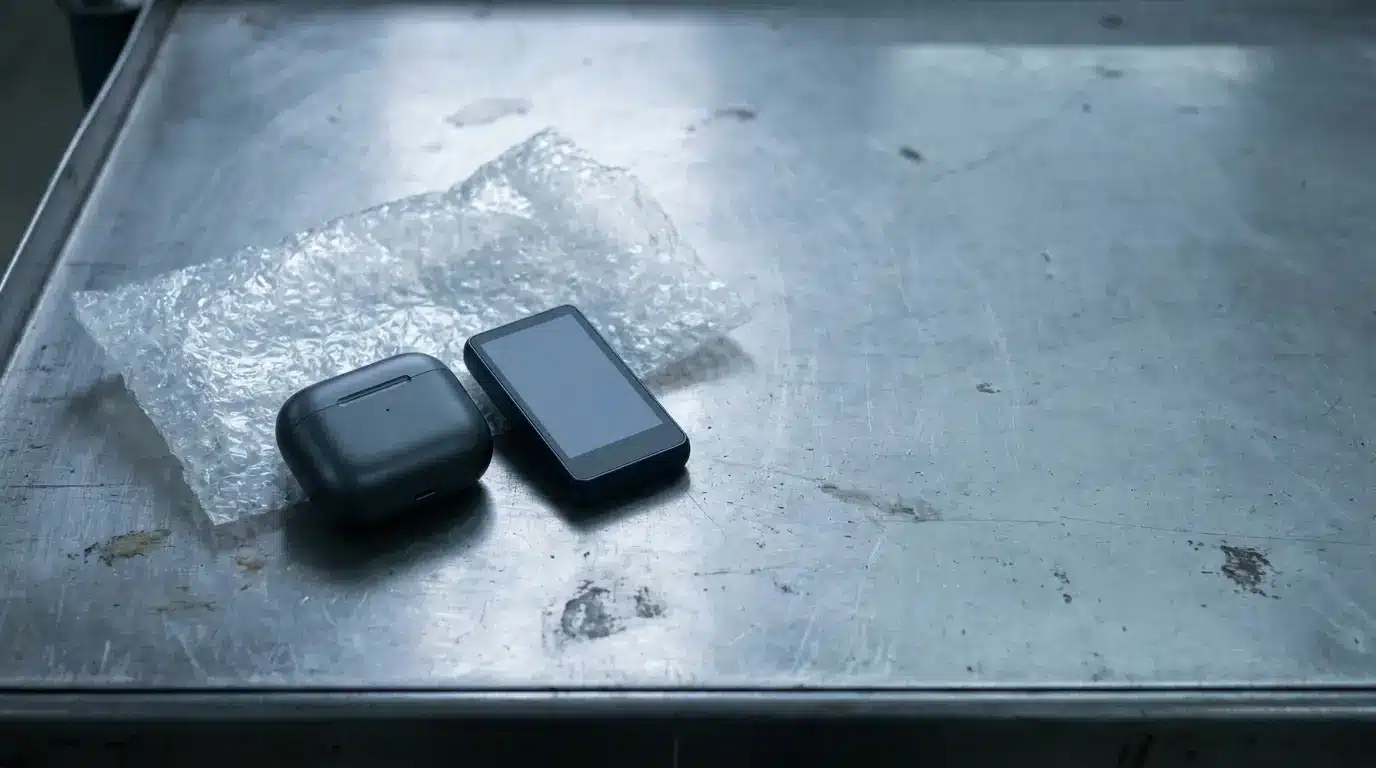 Black wireless earbud case and a small touchscreen device on metallic surface with bubble wrap