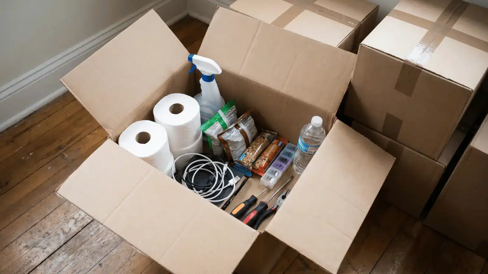Essentials box with toiletries, tools, chargers, snacks, and cleaning supplies for moving day
