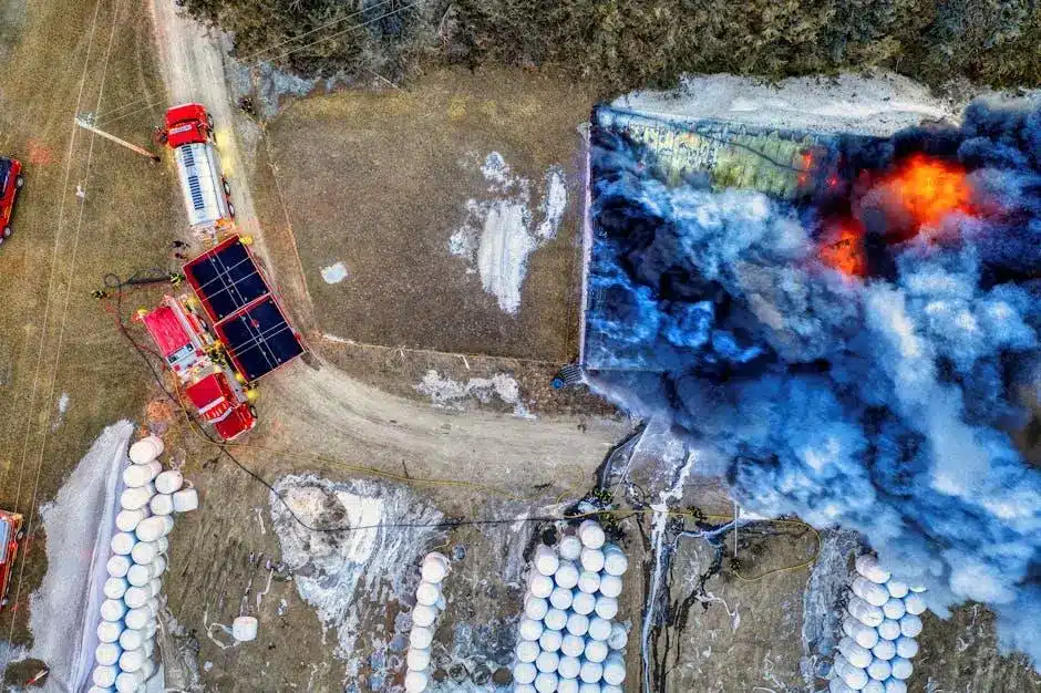 Aerial view of building engulfed in flames beside fire trucks and smoke clouds