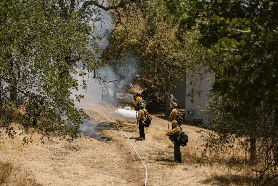 Firefighters in yellow gear standing near smoldering ground in wooded area with smoke and hose