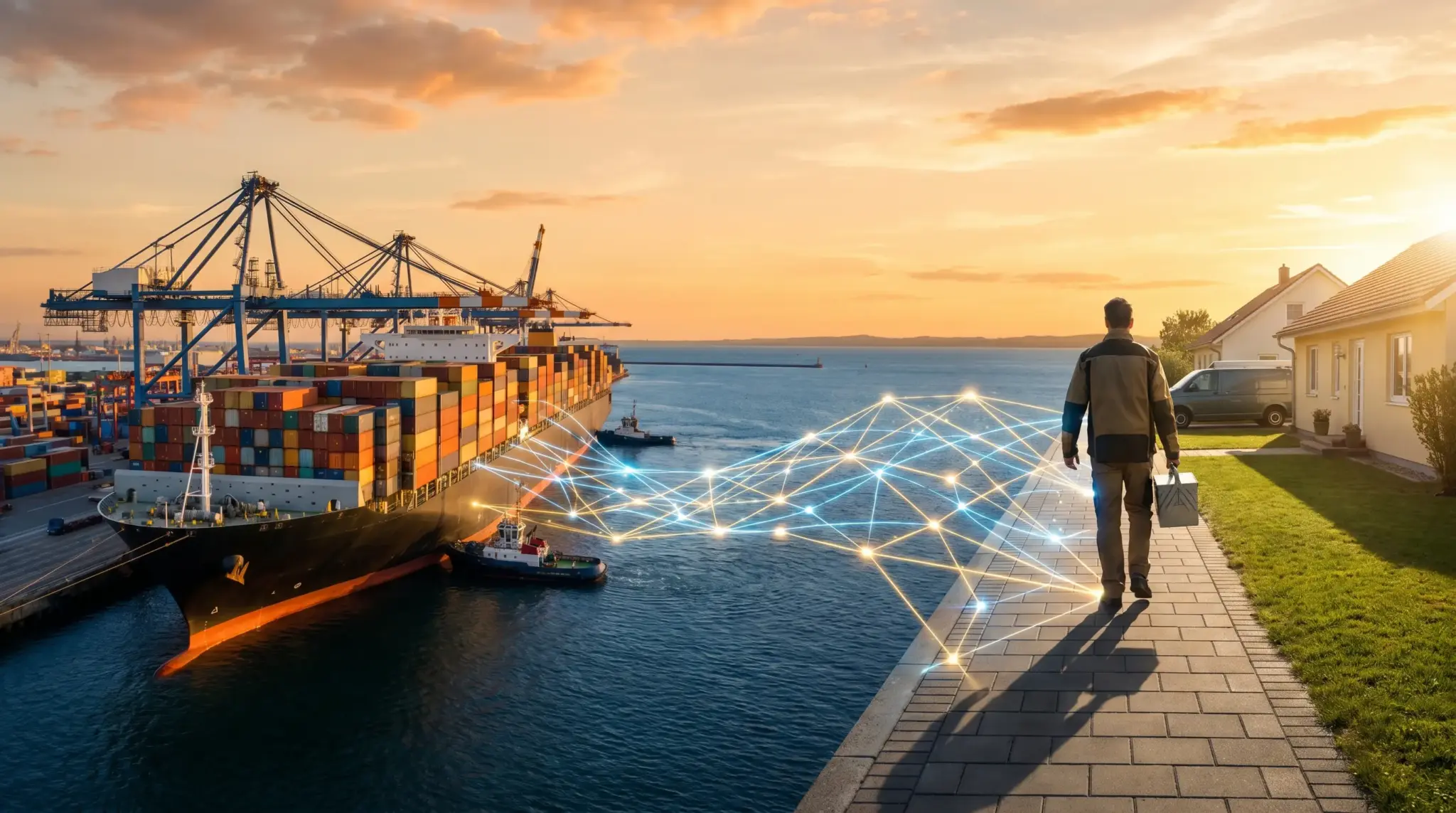 Container ship docked at port during sunset with person walking on pathway, digital network overlay