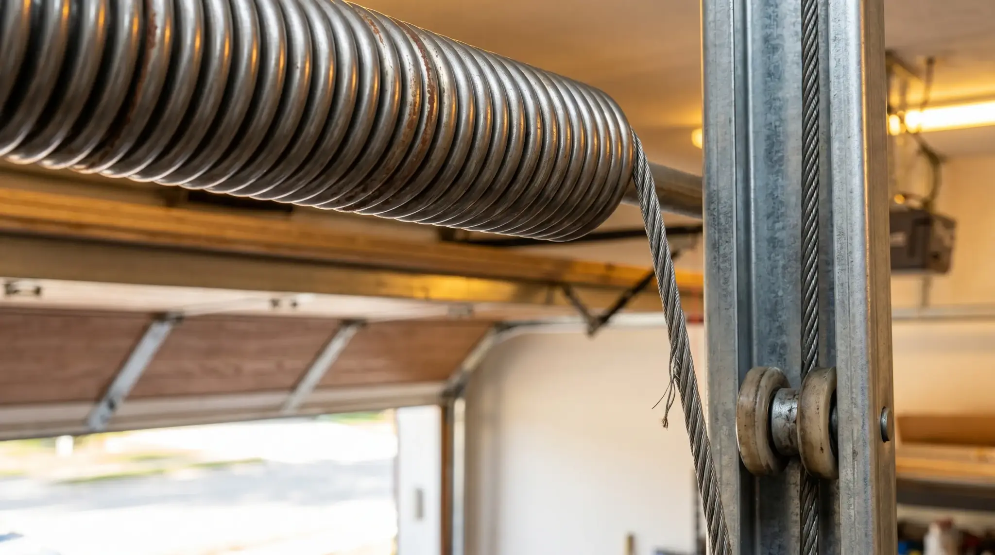 Garage door torsion spring and cable pulley mechanism in a residential garage setting