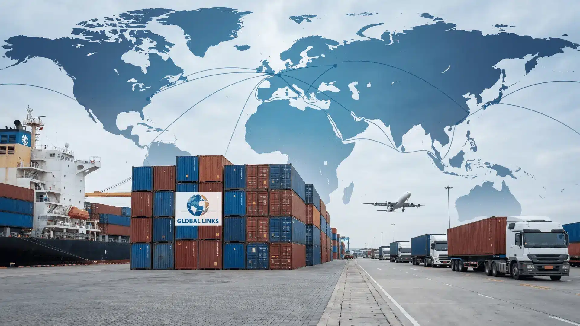 Global logistics scene with shipping containers, planes, and trucks, set against a world map backdrop.