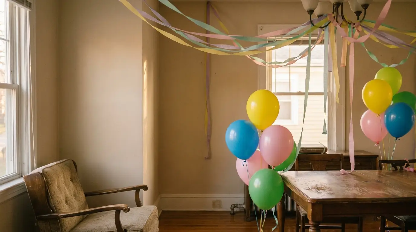 Colorful balloons and streamers in cozy living room with wooden table and vintage armchair
